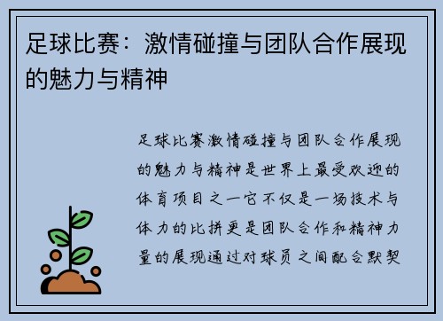 足球比赛：激情碰撞与团队合作展现的魅力与精神