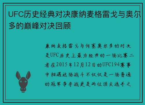 UFC历史经典对决康纳麦格雷戈与奥尔多的巅峰对决回顾