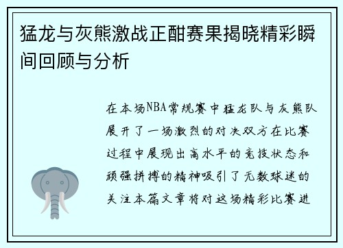 猛龙与灰熊激战正酣赛果揭晓精彩瞬间回顾与分析