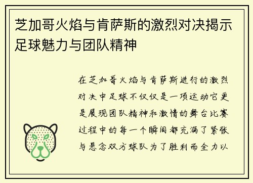 芝加哥火焰与肯萨斯的激烈对决揭示足球魅力与团队精神