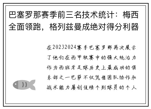 巴塞罗那赛季前三名技术统计：梅西全面领跑，格列兹曼成绝对得分利器