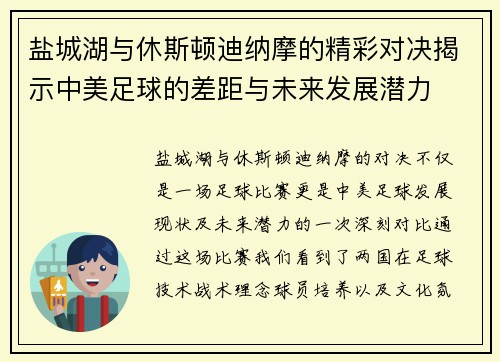 盐城湖与休斯顿迪纳摩的精彩对决揭示中美足球的差距与未来发展潜力