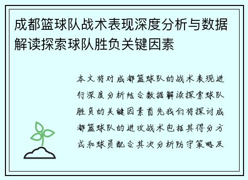 成都篮球队战术表现深度分析与数据解读探索球队胜负关键因素
